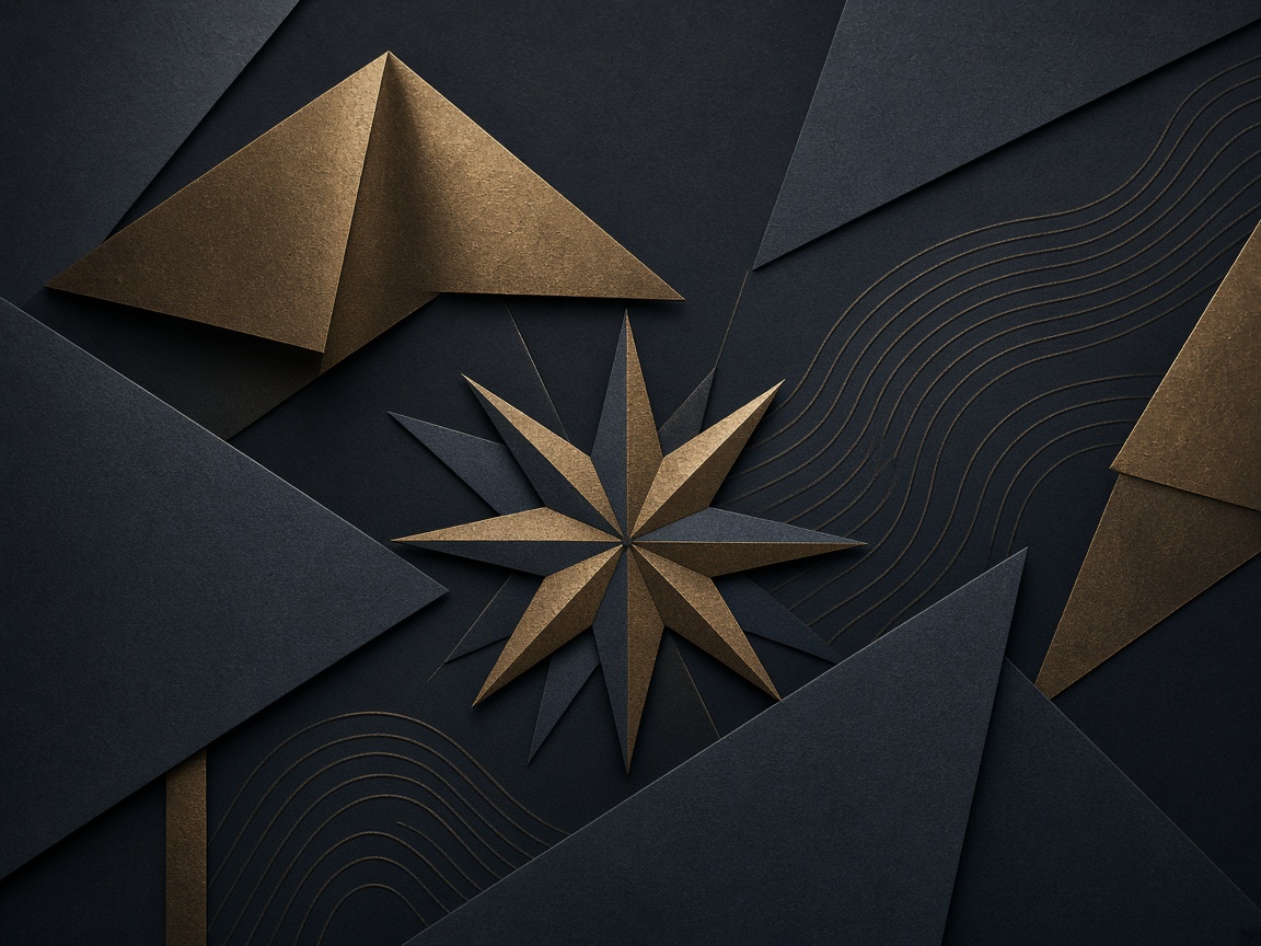 Geometric bronze compass motif on dark stone