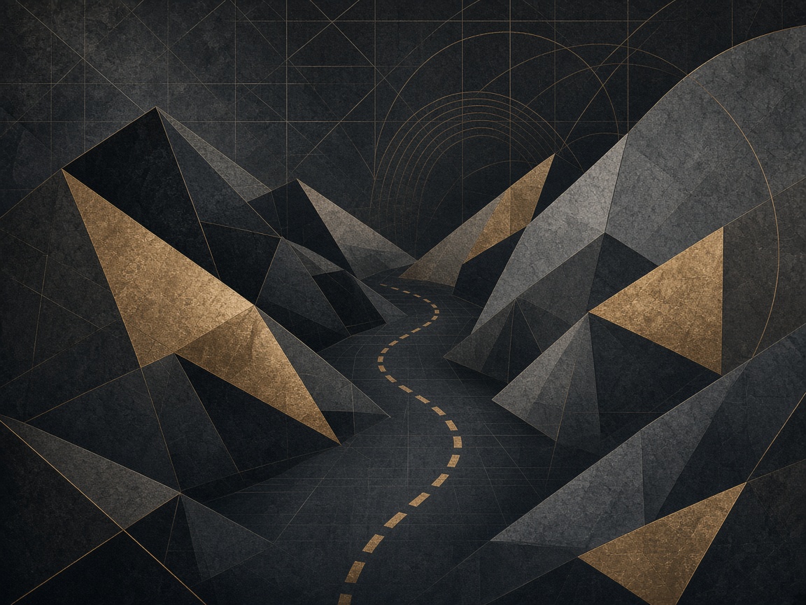 Abstract geometric valley path through mountain facets